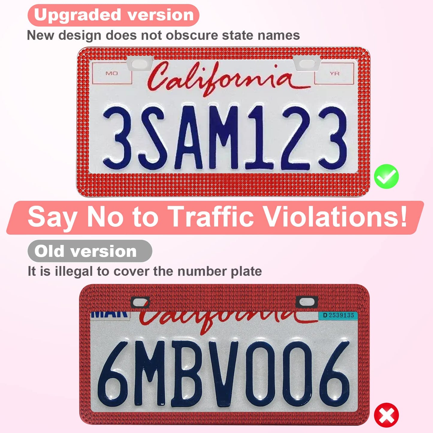 QUANQIUFEI 2 Pack Bling License Plate Frames for Women, Sparkly Rhinestone Diamond Car Accessories with Glitter Crystal Caps (Red)