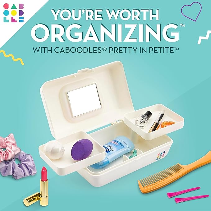 Caboodles Pretty in Petite Makeup Box, Two-Tone White on White, Hard Plastic Organizer Box, 2 Swivel Trays, Fashion Mirror, Secure Latch for Safe Travel