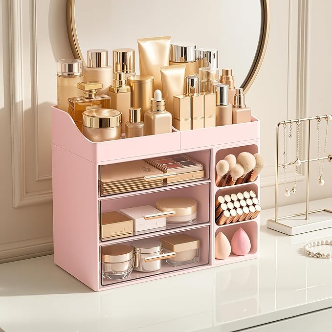 HBlife Makeup Organizer Countertop with Brush Holder,Large Bathroom Counter Organizer with Drawers,Skincare Organizers for Vanity,Plastic Dresser Organizer Storage Gift for Women Girl Mom,Pink