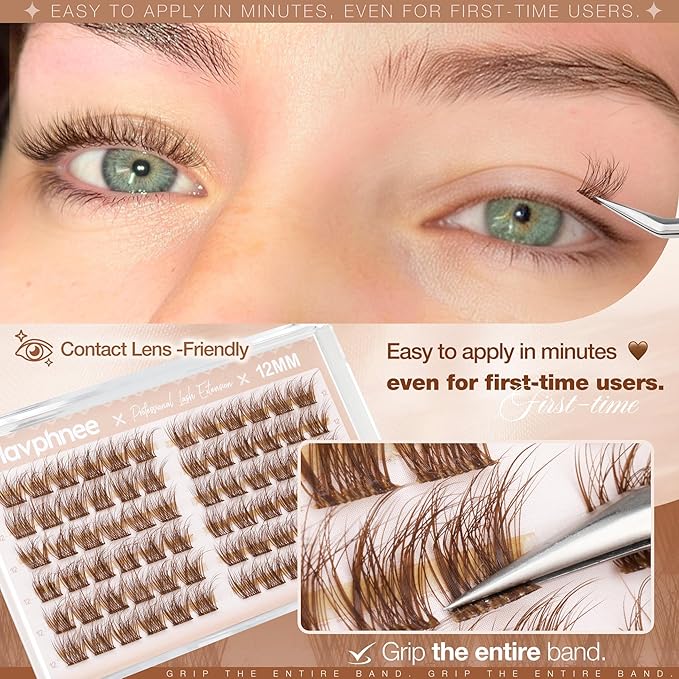 12MM Lash Clusters Brown Eyelash Clusters Natural Fluffy Wispy Cluster Eyelash Extensions with Clear Band & C Curl - For Noticeable But Not Dramatic Look, Soft Glam Sweet Spot