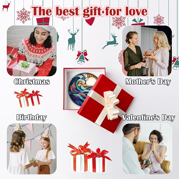 DASTOLL Stained Glass Window Hanging, Big Wave Sun Suncatcher Diamond Glass Panel Hangings Abstract Sun Catchers Decor for Birthday for Women, Men, Wife, Aunt, and Mom 9.8 in
