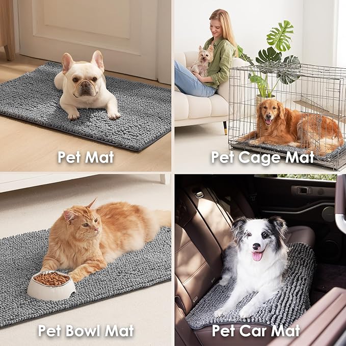 EHEYCIGA Super Absorbent Dog Door Mat for Muddy Paws 60x36 Inch Indoor, Front Doormat Outside Entrance, Quick Dry Chenille Washable Dog Crate Bed, Non-Slip Pet Rug Mud Mat Outdoor Entryway, Grey