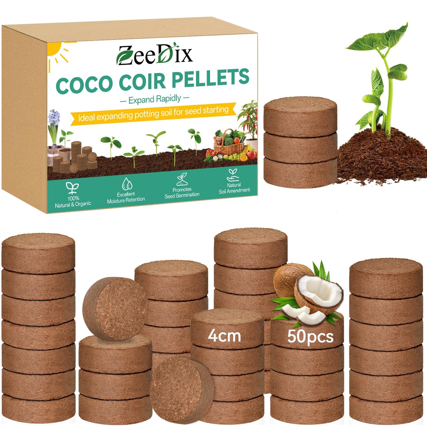 ZeeDix 50pcs(40mm) Coco Coir Pellets Potting Soil Indoor Plants, Compressed Coconut Coir Soil Pellets Seed Starting Pellets Soil Discs for Planting Flowers Bonsai Herbs Plants and Vegetables