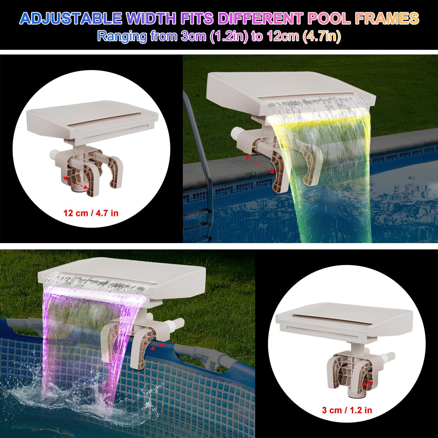 Pool Fountain Waterfall for Above Ground Pools, Swimming Pool Attachment Accessories, Relaxing Cascade Soothing Waterfall, Fits Various Frame Pools (with 7 LED Light)
