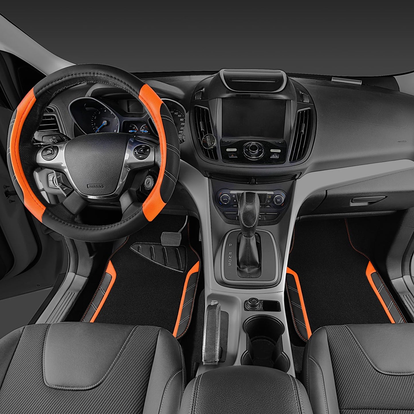 CAR PASS Leather Steering Wheel Cover and Waterproof Car Floor Mats,Microfiber Universal Car Combo Fit for 95% Sedan SUV Van Truck,14.5-15inch Sporty Anti-Slip Safety Comfortable Design, Black＆Orange