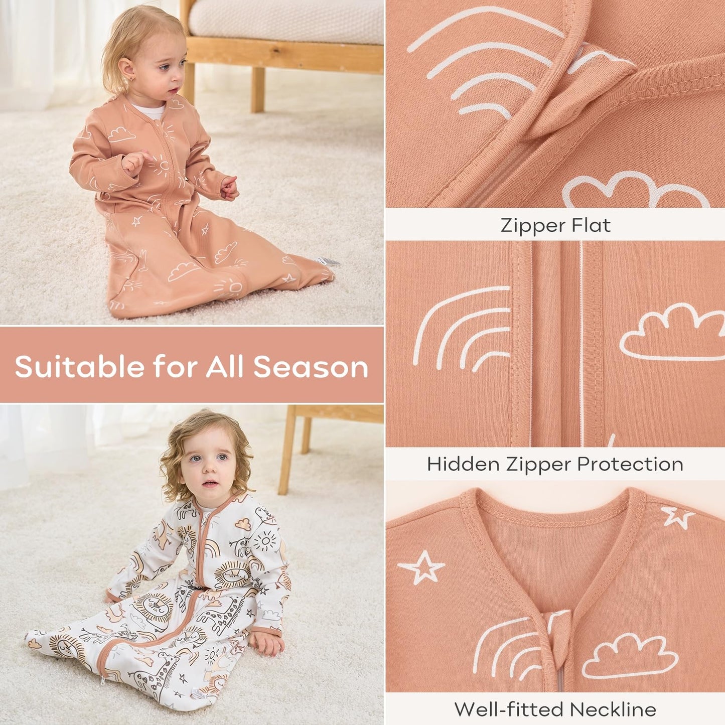 Yoofoss Baby Sleep Sack 6-12 Months Long Sleeve Wearable Blanket Baby 100% Cotton 2-Way Zipper 0.5 Tog Infants Sleeping Sack, Lightweight(Medium)