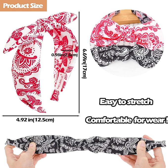 Bow Headbands for Girls,Thin Headband with Bow Women Hair Accessories Fashion Knotted Head Band Non Slip Hairband Hair Hoops for Paisley(Red and Black, 2Pcs)