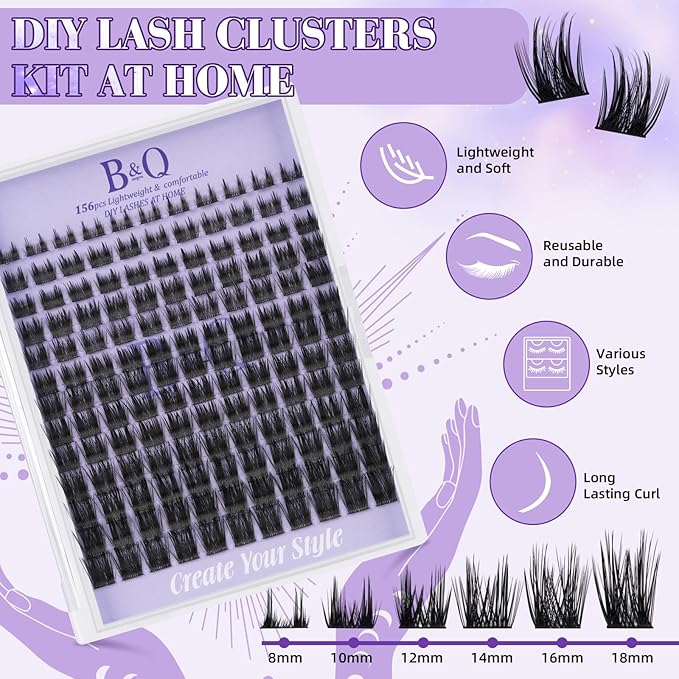 B&Q Wispy Lash Clusters Kit B52, DIY Lash Extension Kit 156PCS Eyelash Extension Kit, Soft Natural Lash Clusters 8-18MIX D Curl Lash cluster, Thin Black Band Cluster Eyelash Extensions (B52 Set)