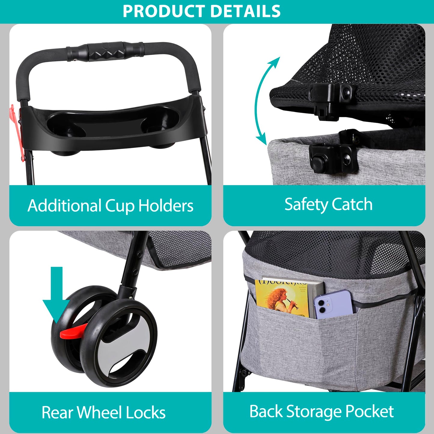 Epetlover 4 Wheels Dog Stroller with Detachable Carrier Folding Pet Strolling Cart for Small Medium Cats Puppies with Storage Basket Cup Holder, Gray
