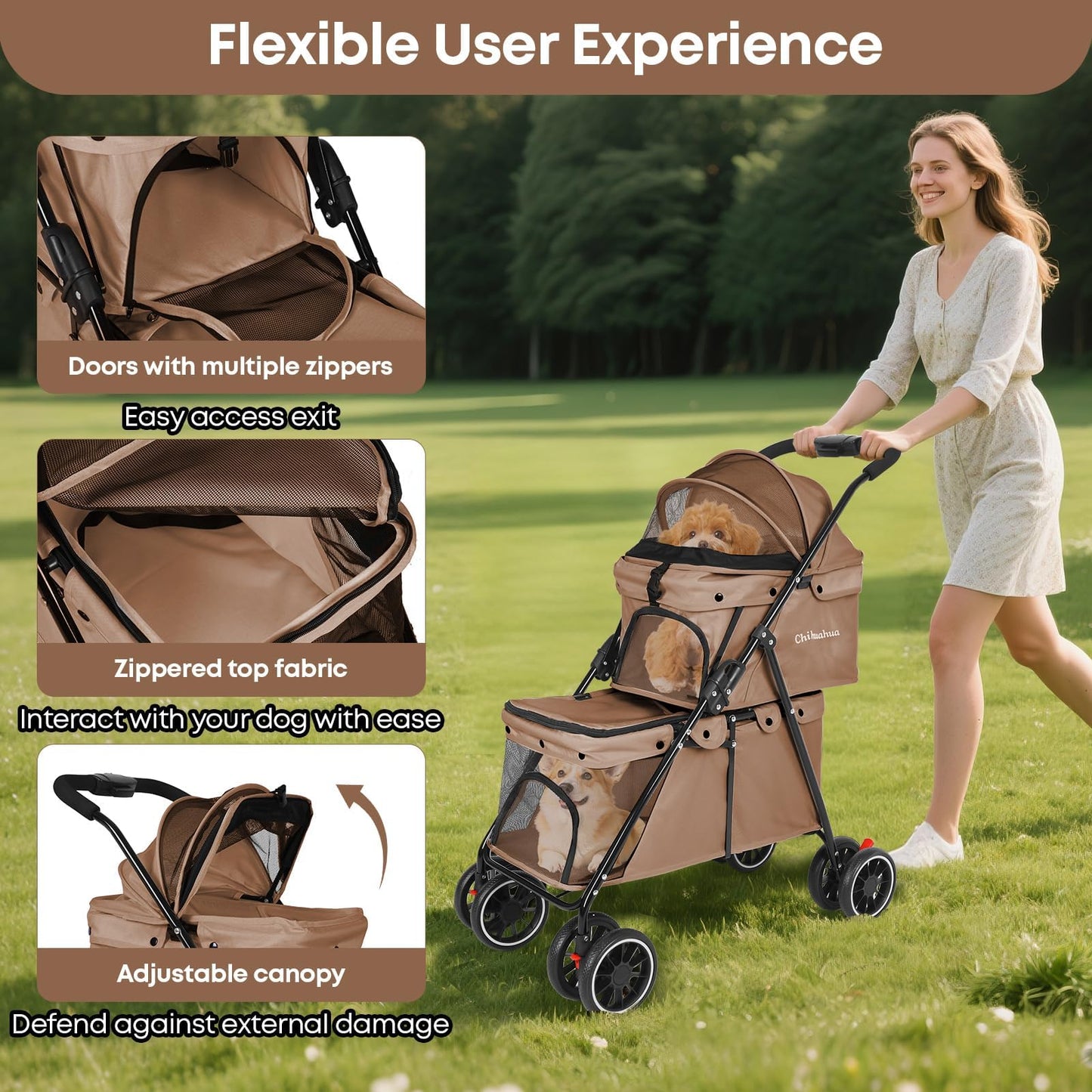 Double Pet Stroller for Dogs and Cats,Cat Strollers for 2 Cats,Double Dog Stroller for 2 Small Medium Dogs,4 Lockable Wheels/Lightweight/Folding,Khaki