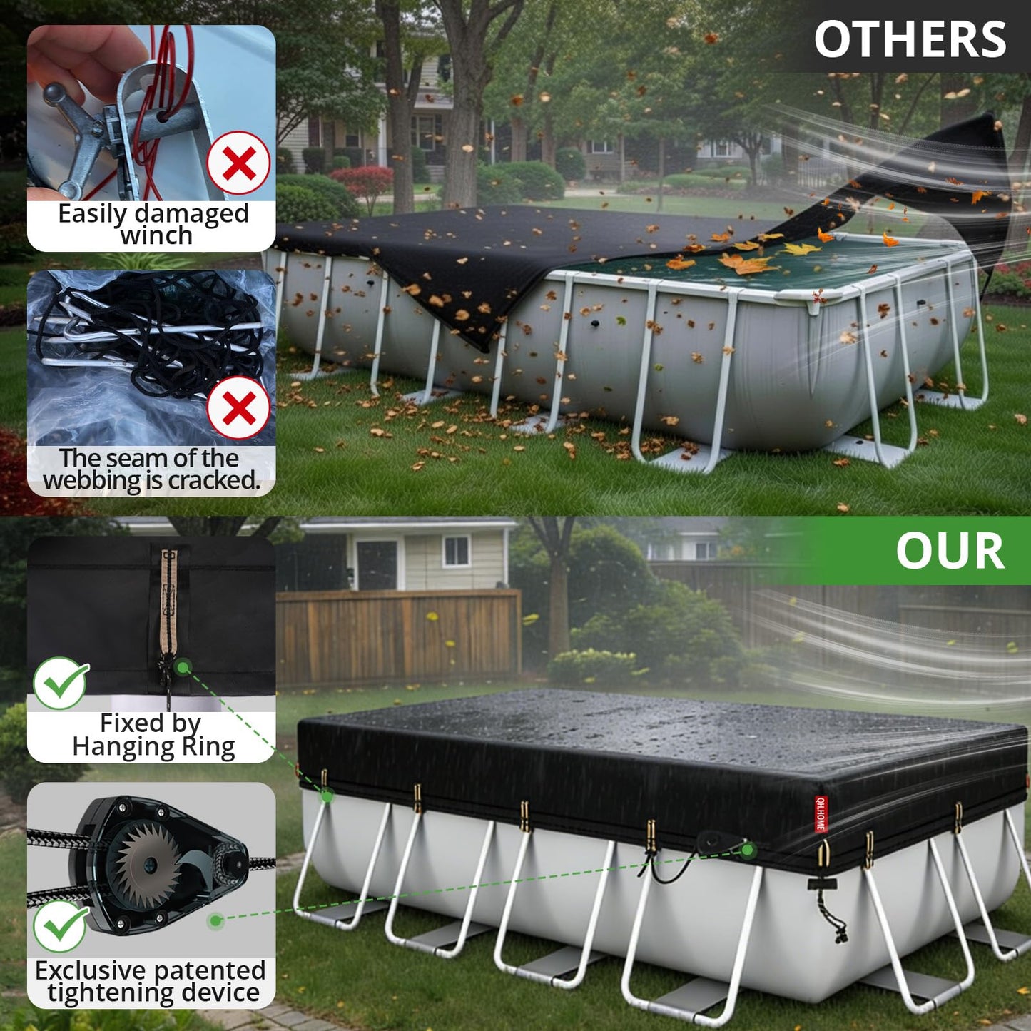 QH.HOME 12x24ft Rectangular Pool Cover,[Ultimate Windproof & Tear-Resistant Fabric],Snug Fit with Patented Ratchet & Weight Rings,Solar Pool Cover for Above Ground Pools, Blocks Leaves &Waterproof