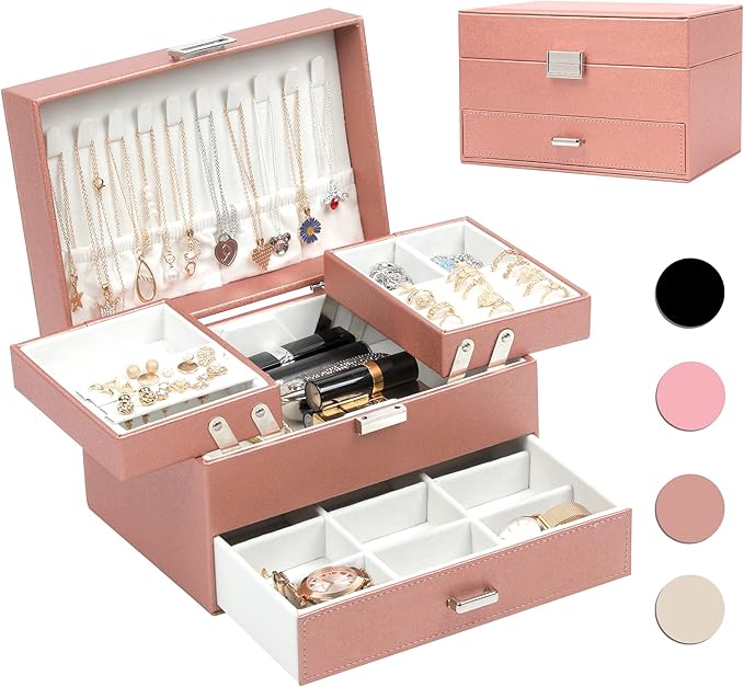 Dajasan Jewelry Organizer Box, Large Jewelry Boxes for Women Girls, Compact 3 Layers Jewelry Storage Case with Drawer, Gift Idea for Christmas, Valentine's Day, Birthday, Mother's Day (Rose Gold)
