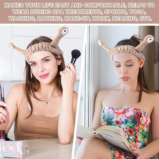 Face Wash Headband, Palm and Snail Spa Hair Bands Makeup Headbands Women Cartoon Cute Coral Fleece Elastic Headband Creative Hair Accessories for Washing Face Shower Sports (Khaki)
