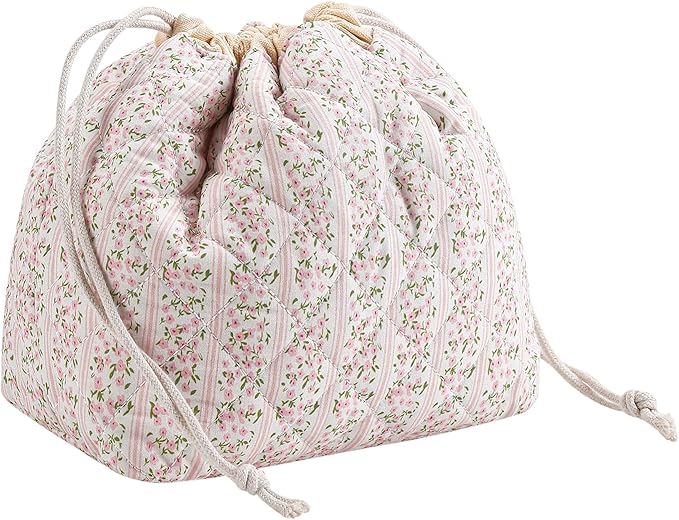 Cotton Quilted Drawstring Makeup Bag with Canvas Lining,Coquette Aesthetic Cute Travel Toiletry Bag,Drawstring Gift Bag for Women and Girls（17Small Pink）