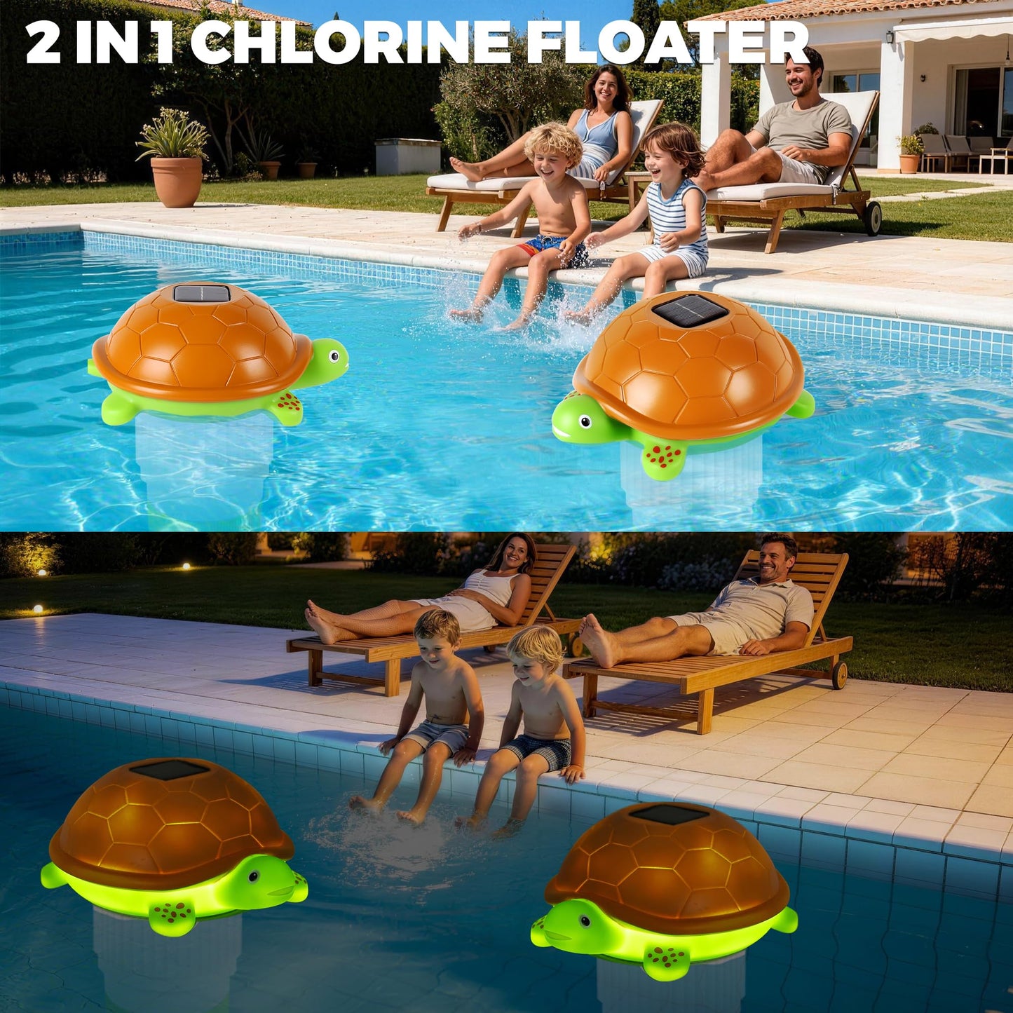 Chsuiwe Pool Chlorine Floater with Light, Turtle Solar Chlorines Floaters with Adjustable Release, Chlorine Floater for 4 * 3'' Disks, Easy Opening Floating Pool chlorines Dispenser for Swimming Pool