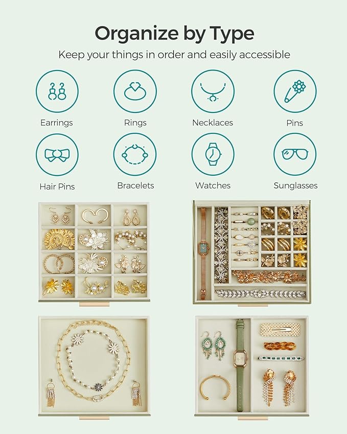 SONGMICS GISELLA Collection - Jewelry Box Organizer, 4-Layer Jewelry Storage with 3 Drawers, Shiny Metal Hardware, Glass Lid, Modern, 8 x 9.1 x 6.5 Inches, Avocado Green and Gold Color UJBC173C02