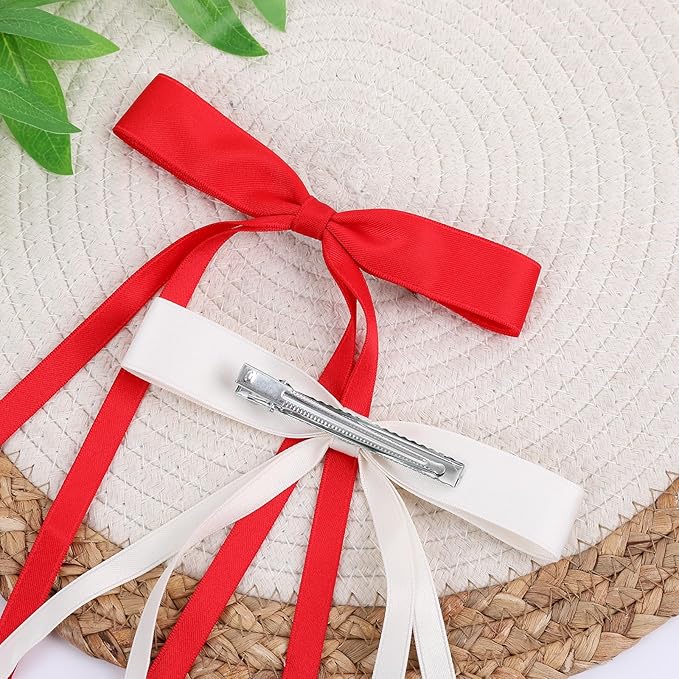 Red Hair Bows Clips Coquette Ribbon Bowknot with Long Tail Princess Hair Bows French Barrettes Hair Accessories for Women Girls 16PCS (Red, Cream)