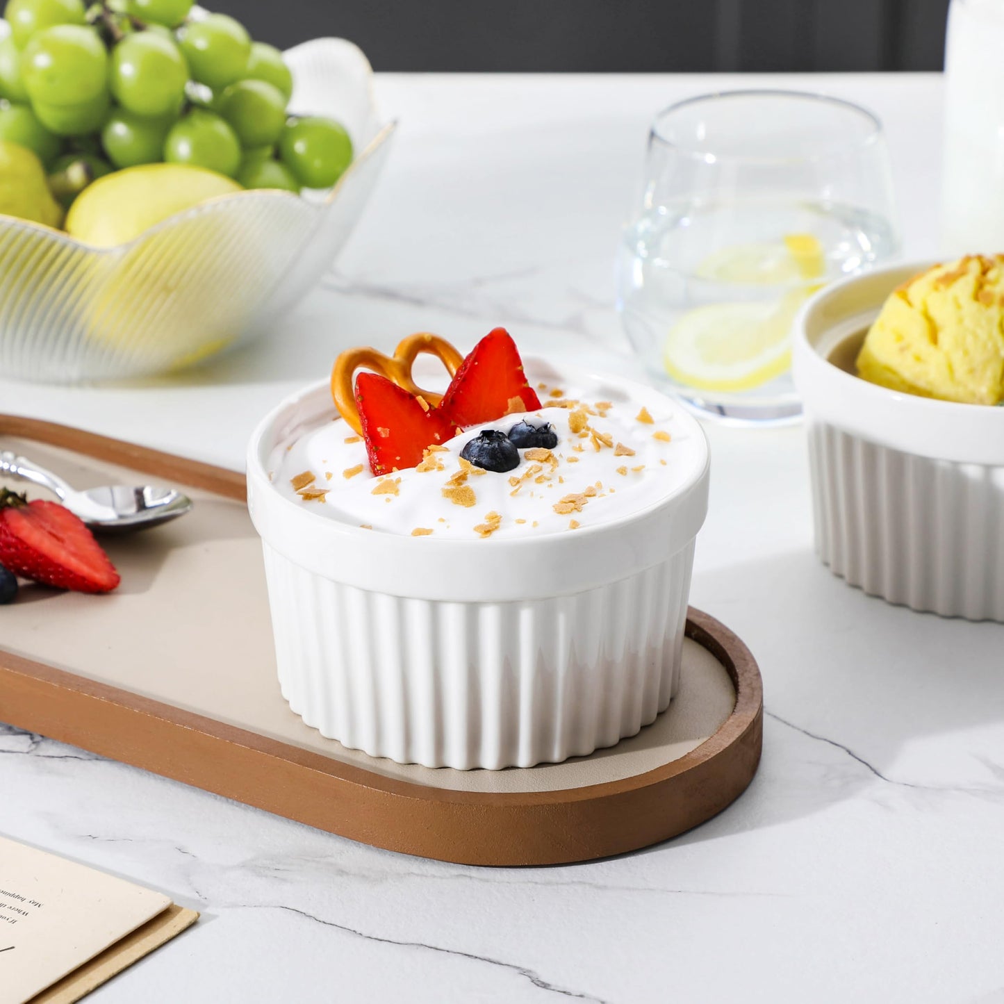 MALACASA Ramekins 12 oz Oven Safe, Porcelain Creme Brulee Ramekins Pudding Custard Cups Large Ceramic Souffle Dishes Ramakan Ramiken Ramicans Baking Bowls Set of 6, White, Series RAMEKIN-DISH