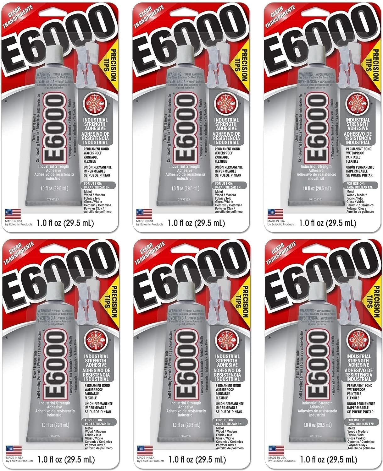 E6000 Industrial Adhesive Medium Viscosity Clear Precision Tip 1 oz (Pack of 6)