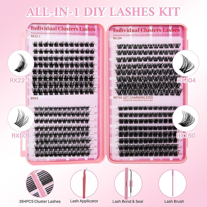 RITALASH Lash Clusters Kit with Lash Bond and Seal DIY Lash Extension Kit Cluster Lashes Mixed Tray Eyelash Extension Kit Soft Thin Band Individual Lashes,Lash Tweezers,Mascara Brush(RX Kit,9-16mm)