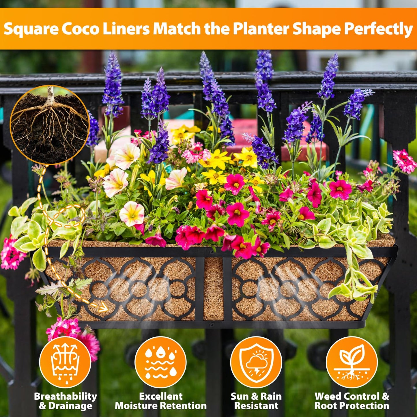 Legigo 2 Pack 48 Inch Square Coco Liners Planter Baskets Liner- Natural Coconut Coir Basket Liner Replacement, Window Box Liners Trough Coconut Liners for Wall Planter Garden Deck Fence Flower Baskets