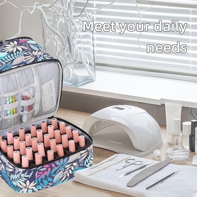 Portable Nail Polish Storage Bag with UV Light Case - Holds 30 Bottles and 1 UV LED Nail Lamp, Double-Layers Nail Dryer Case for Gel Nail Polish Kit, Nail Art Decorations （Leaves）
