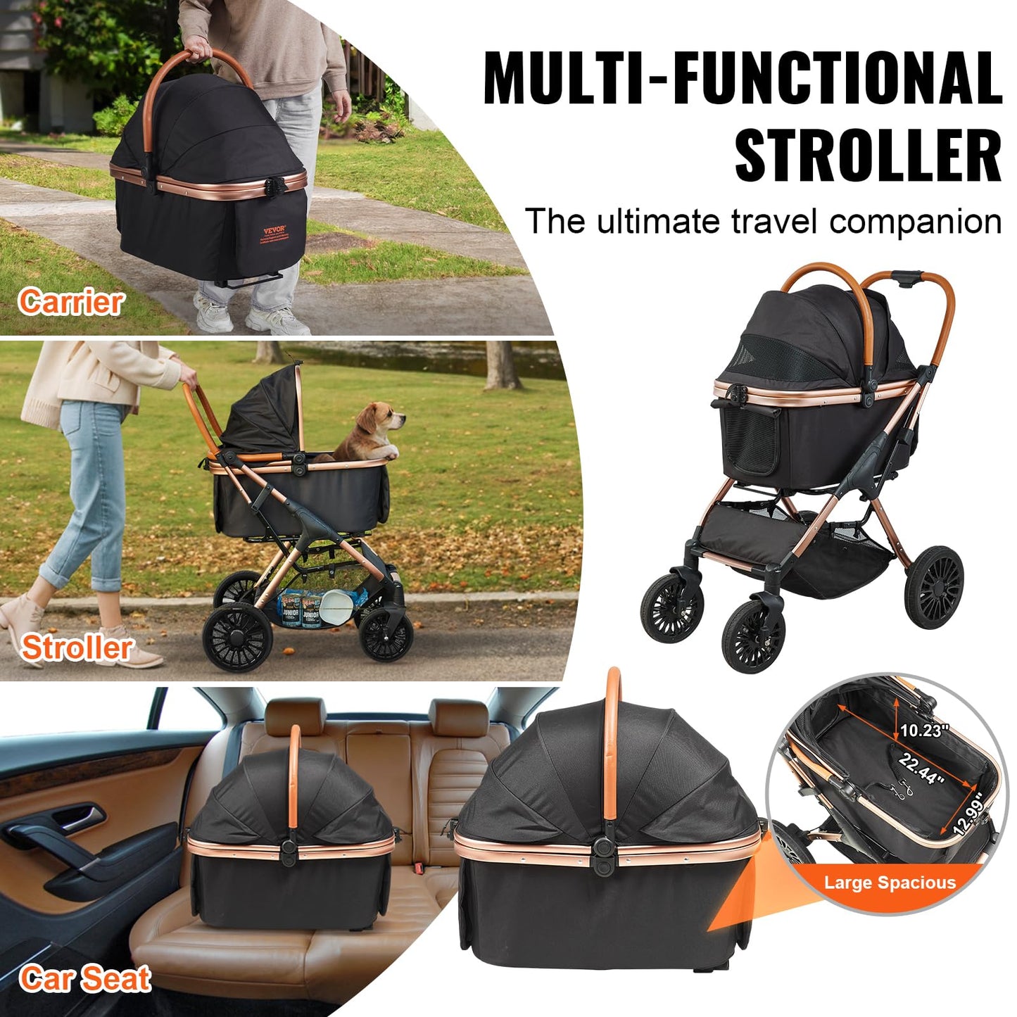 VEVOR Large Pet Stroller for Medium Large Dogs and Cats, Up to 66lbs, Detachable Carrier and Storage Basket