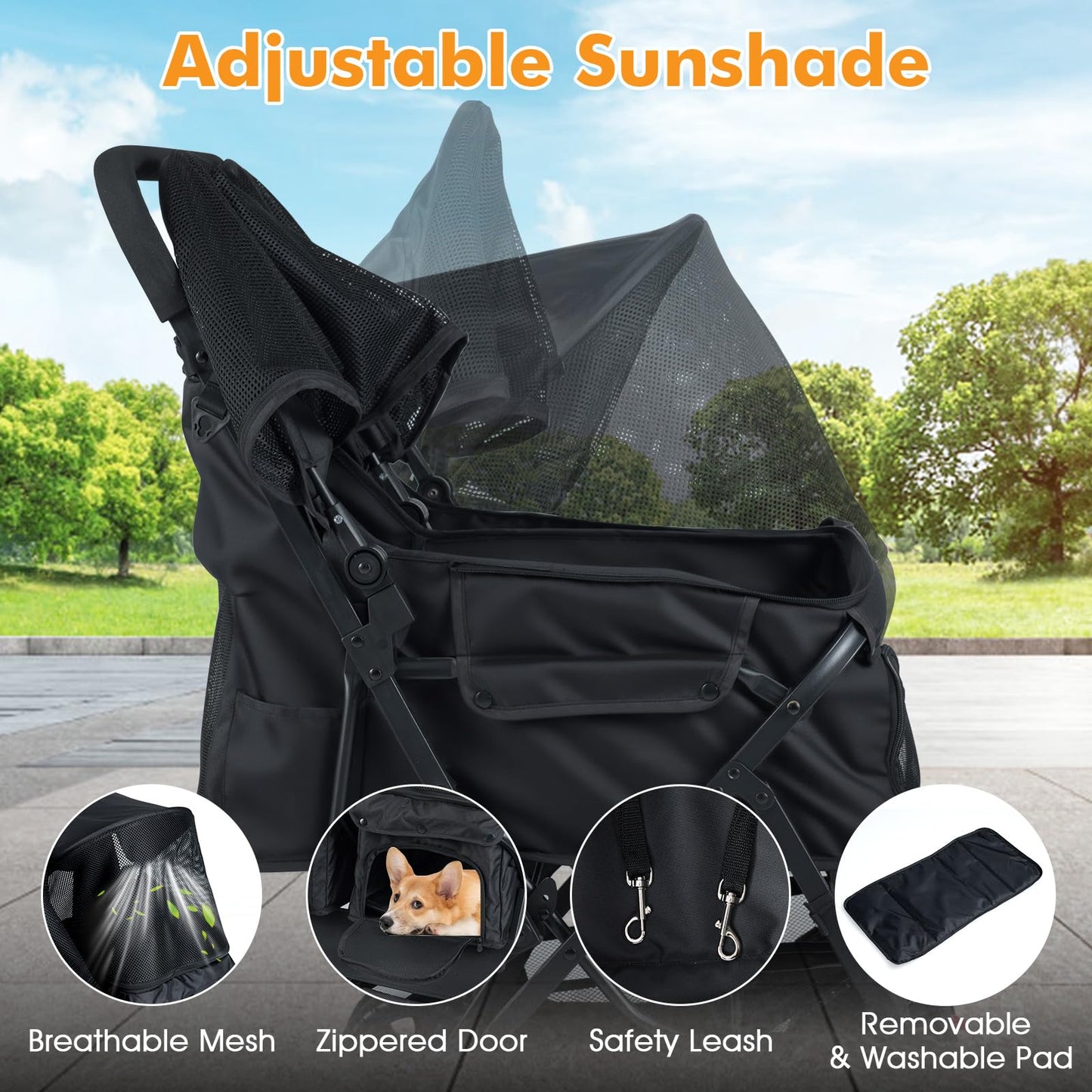 PETSITE Double Pet Stroller, Foldable Double Dog Stroller with 2-Seater Carrier, Adjustable Sunshade, Removable Pad, Safety Belt, Storage Basket, 4-Wheel Pet Travel Cart for 2 Puppies & Cats (Black)