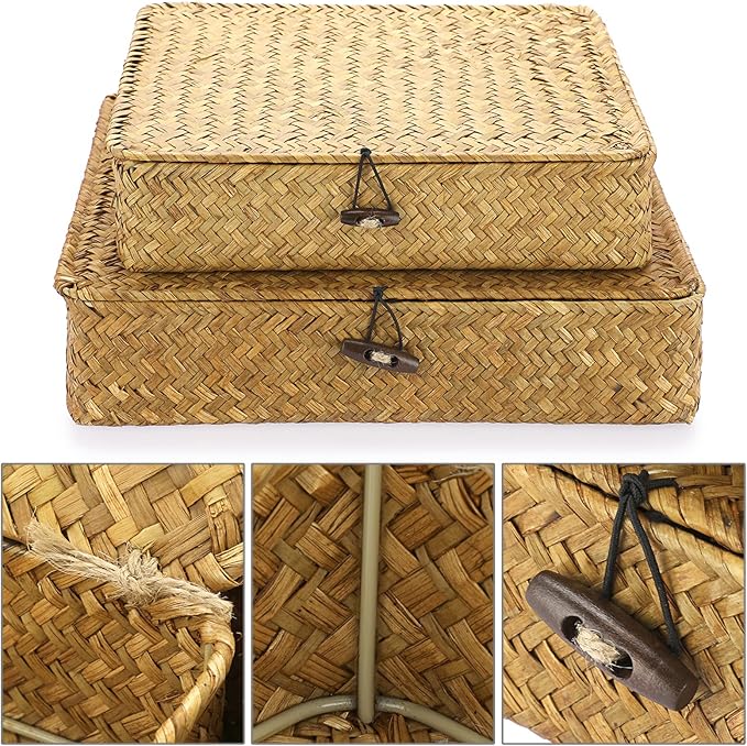 Hipiwe Set of 2 Flat Woven Wicker Storage Bins with Lid Natural Seagrass Basket Boxes Multipurpose Home Organizer Bins Boxes for Shelf Organizer, Caramel