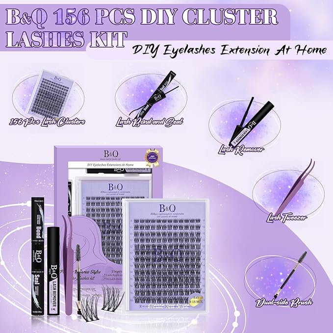 B&Q Wispy Lash Clusters Kit B49, DIY Lash Extension Kit 156PCS Eyelash Extension Kit, Soft Natural Lash Clusters 8-18MIX D Curl Lash cluster, Thin Black Band Cluster Eyelash Extensions (B49 Set)