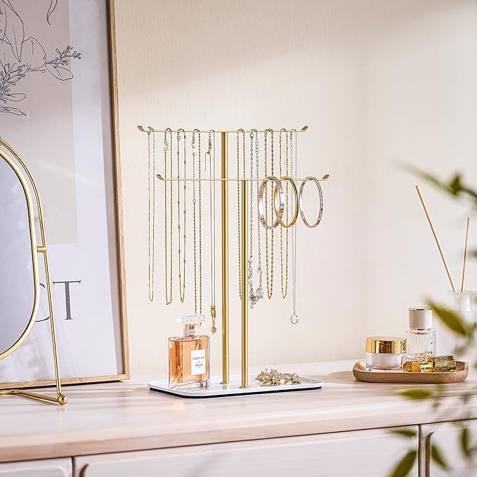 pickpiff Necklace Holder Jewelry Organizer Stand Ã¢ÂÂ 2Ã¢ÂÂTier TÃ¢ÂÂBar Jewelry Display Tree with Tray for Countertop Necklace Bracelet Earring Storage, Vanity Dresser Bathroom Sink, Gold