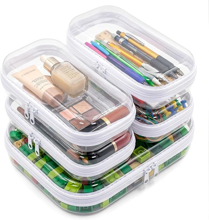 Clear Hard Shell Zipper Cases (5 Packs), Plastic Hard Sided Zippers Pouches Clear Hardshell Pencil Case For Storage, Diaper Bag Organizer Bliss Bins 4*Small/1*Medium