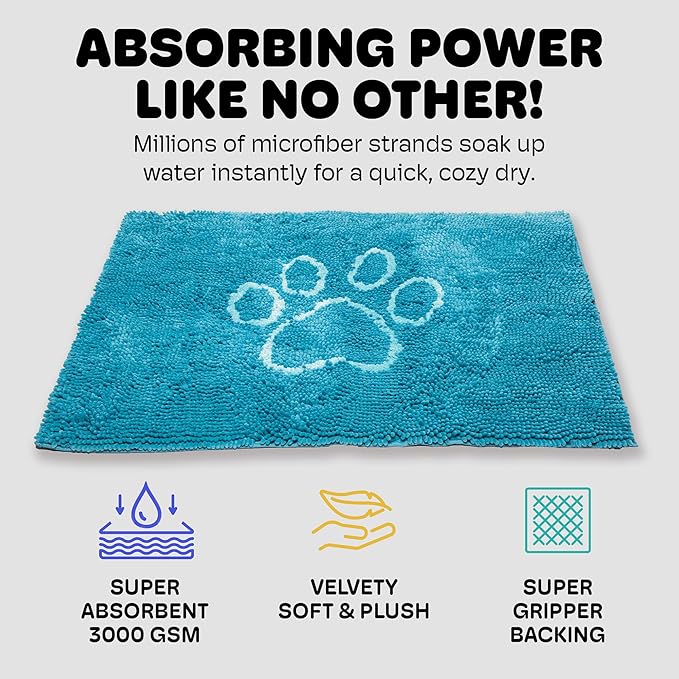 Dog Gone Smart Dirty Dog Doormat - Fast Drying Rug with Super Gripper Backing for Clean Floors - Super Absorbent and Machine Washable Mat for Muddy Paws - Aqua