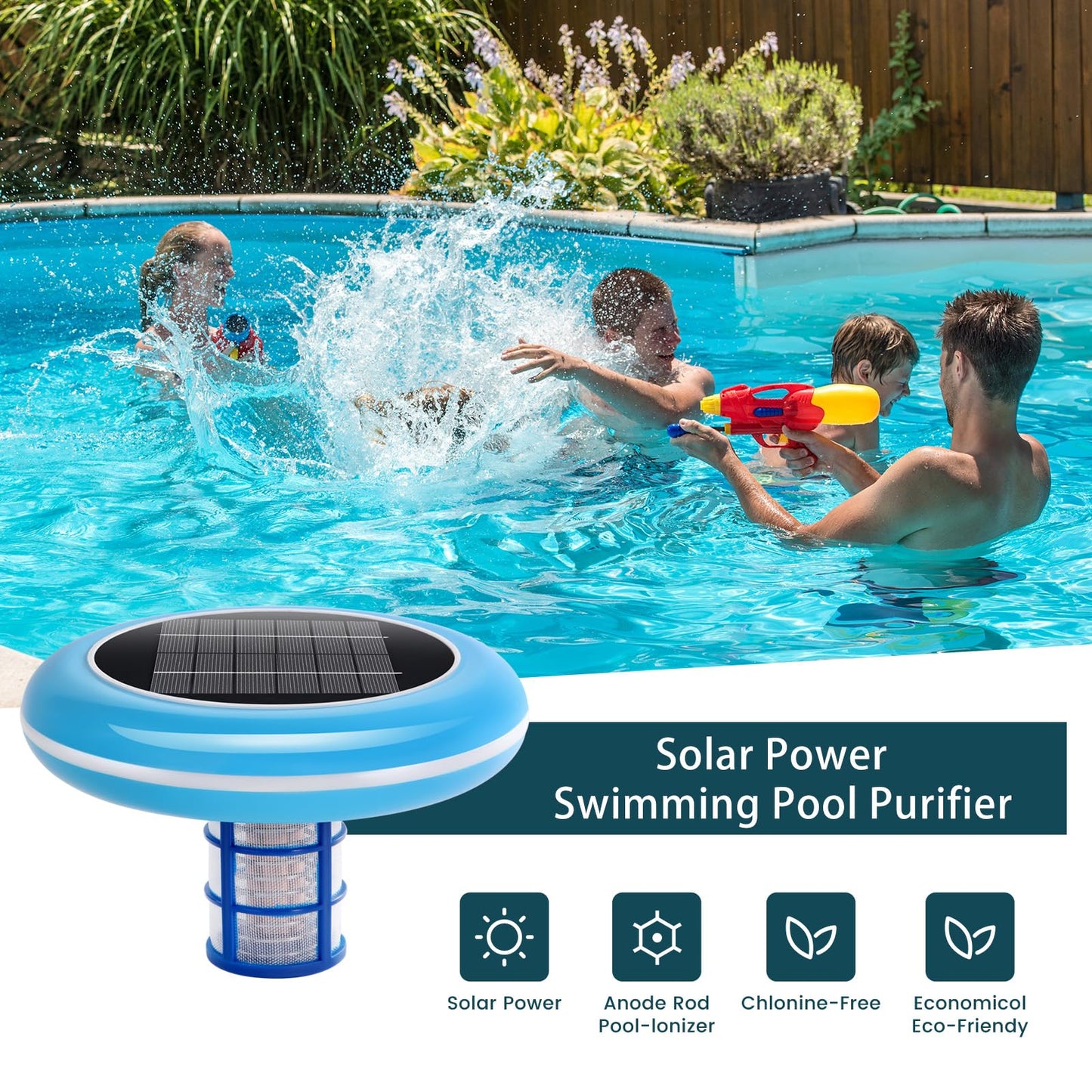 Pool Ionizer Solar Powered,Copper Ionization,Floating Automatic Water Cleaner and Purifier,Up to 45,000 Gal,85% Less Chlorine, Chlorine Free Water,Smart Replacement