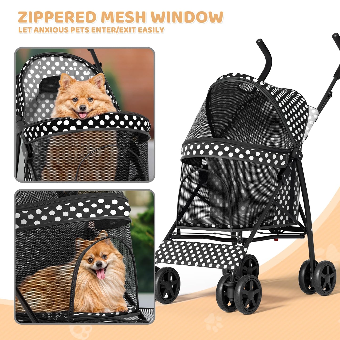 Magshion Compact Pet Stroller for Small-Medium Dogs/Cats up to 22lbs, 4-Wheel Lightweight Umbrella Shaped Portable Puppy Travel Jogger with Breathable Mesh, Cup Holder & Rear Storage, Black Polka Dots