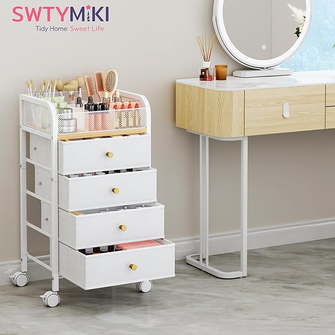 SWTYMIKI Rolling Makeup Organizer Cart - 14.96Ã¢ÂÂ³*11.81Ã¢ÂÂ³*27.55Ã¢ÂÂ³ Widened Under Desk Vanity Storage with 4 Non-woven Drawers, Cosmetic Display Cases for Skin Care Perfume Nail Polish Brush Hair Tool White