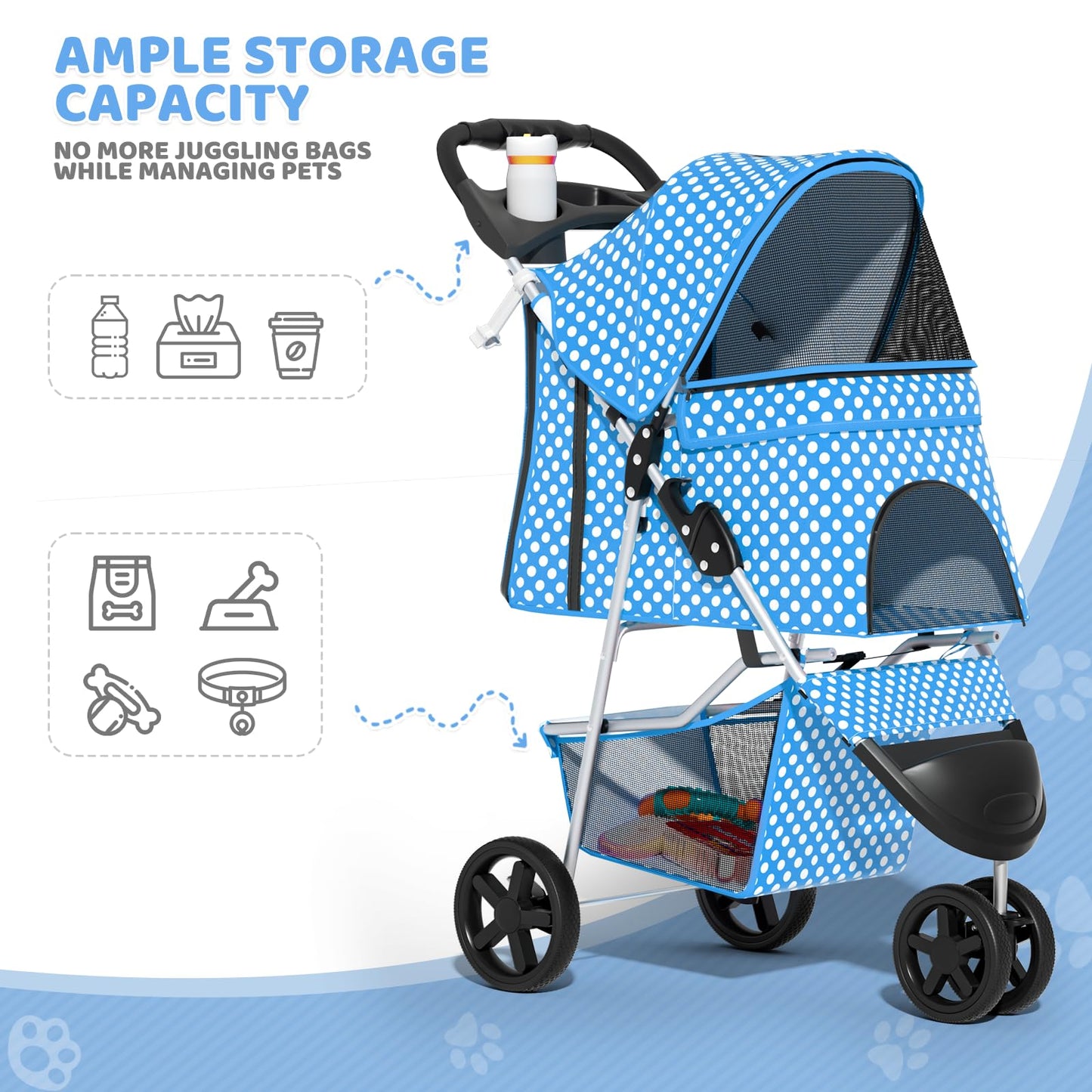 Magshion 3-Wheel Pet Stroller, Foldable Travel Jogger for Small & Medium Dogs & Cats (Up to 33lbs), Lightweight Carrier with Breathable Mesh Cover, Cup Holder & Storage Basket, Sky Blue Polka Dots