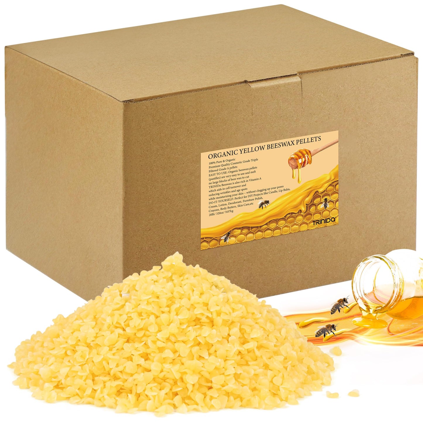 TRINIDa Yellow Beeswax Pellets 20lb, Organic Bees Wax for DIY Candles, Beeswax for Candle Making, Skin, Body, Face, and Hair Care, Lotions, DIY Creams, Lip Balm and Soap Making Supplies