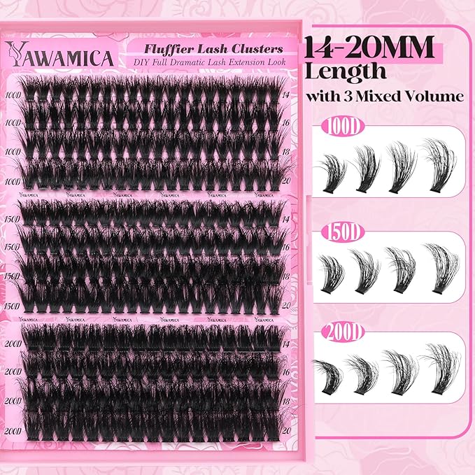 Yawamica Eyelash Clusters Fluffy Cluster Eyelash Extensions 14-20mm Wispy Lash Clusters 100D+150D+200D Mixed Volume Individual Lashes 240pcs Cluster Lash DIY Lash Extension by Self