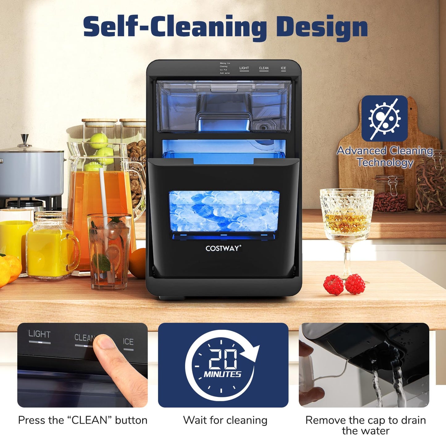 COSTWAY Countertop Nugget Ice Maker, 44 lbs/24H Chewable Sonic Ice Machine w/Self Cleaning, Ready in 6 Mins, Low Noise, Pull-Out Water Tank & Touch Control Panel for Home, Bar, Kitchen, RV