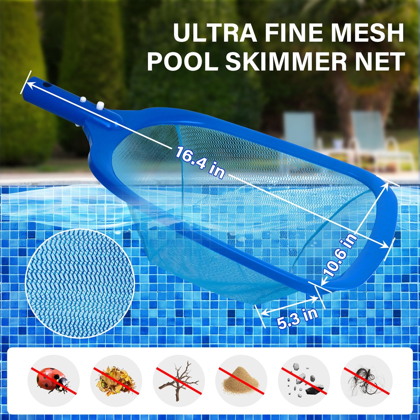 Swimming Pool Cleaning Kit Including 12.5 in Pool Brush Head,Ultra Fine Mesh Pool Leaf Skimmer Net with Maximum Length 76.5 in Aluminum Pole for Remove Debris and Dirt