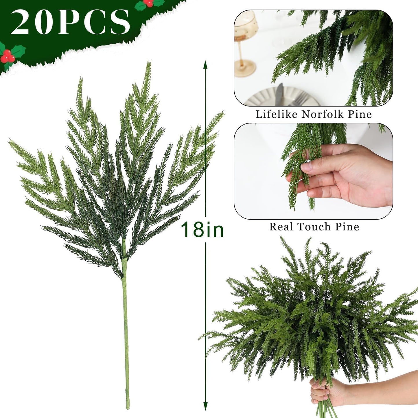 20 Pcs Christmas Norfolk Pine Branches -18" Real Touch Artificial Norfolk Pine Branch Faux Plants Stem Fake Greenery Pine Picks for Vase DIY Crafts Garland Wreath Home Indoor Outdoor Decoration