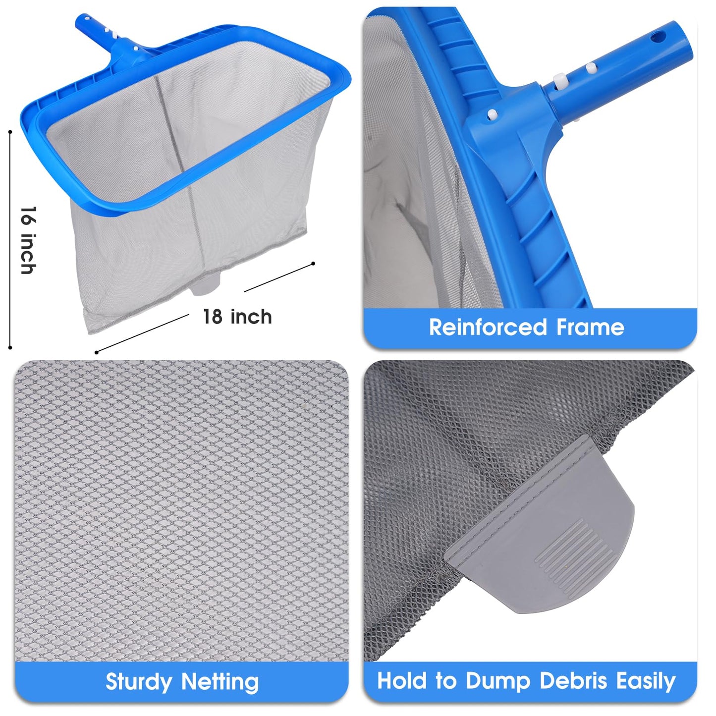 3-in-1 TidyMister Pool Cleaning Kit – 18'' Pool Net with Deep Bag & 18'' Pool Brush Head & 9'' Ultra Fine Mesh Skimmer Net, Cleaning Set for Above Ground Inground Pools, Spas, Hot Tubs