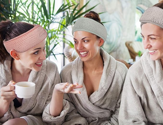 Whaline 4 Pack Spa Facial Headband Makeup Hair Wrap Adjustable Hair Band Soft Towel Head Band for Face Washing, Shower Sports Yoga (Pea Green, Pink, Beige, Light Gray)