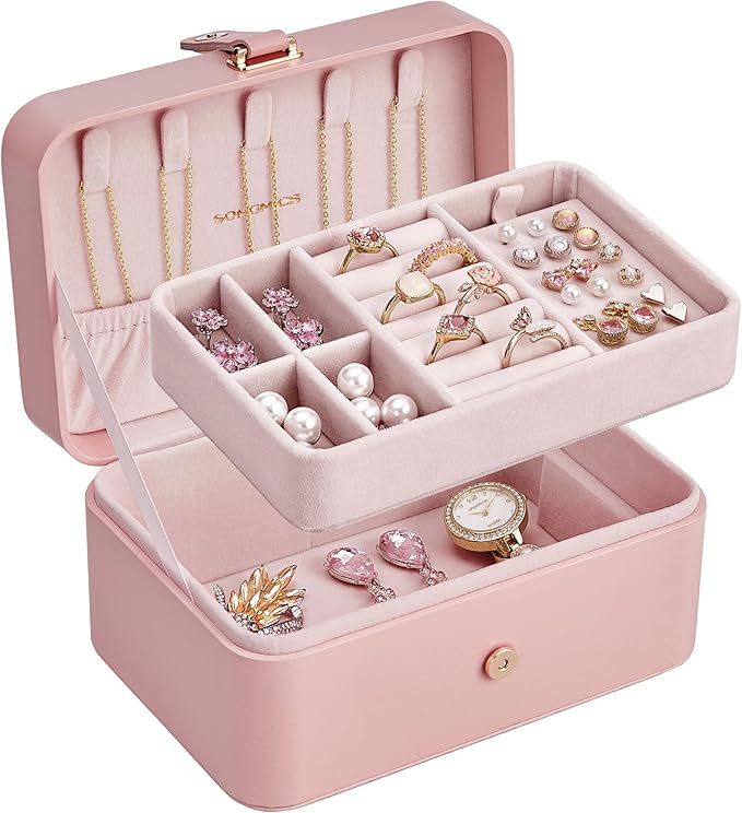 SONGMICS Jewelry Organizer Box, Travel Jewelry Case, 2-Layer Travel Case for Earrings, Necklaces, Bracelets - Portable Jewelry Storage with Large Capacity, Gift Idea, Jelly Pink UJBC166R01