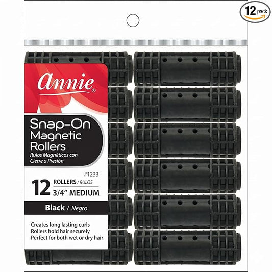 Annie Snap-On Magnetic Hair Rollers, Medium 3/4 Inch, 12 Count, Black Curlers for Curls & Waves, Easy Fast Setting, Secure Comfortable Fit for Dry or Damp Styling