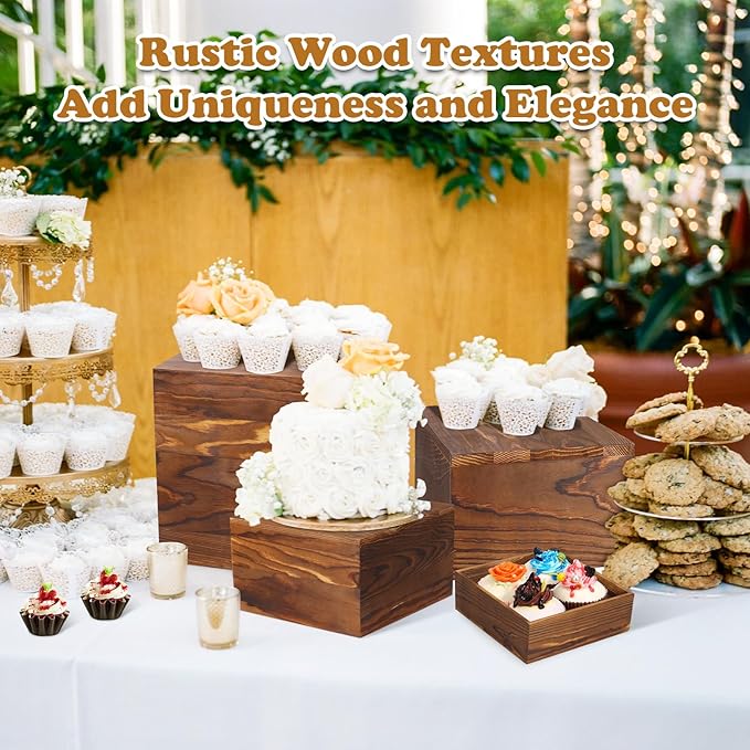 6 Pack Wooden Risers Display Stands Rustic Wood Cake & Cupcake Stands for Party Square Food Risers for Buffet Wooden Crates for Display Home Decor