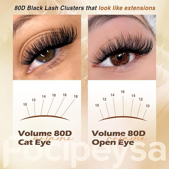 Focipeysa Eyelash Extension Kit, 200pcs 80D Mink Fur False Eyelashes, 10-18mm DIY Lash Clusters, Matte Black, Vegan, Cruelty Free, Includes Lash Bond & Remover, Tweezers