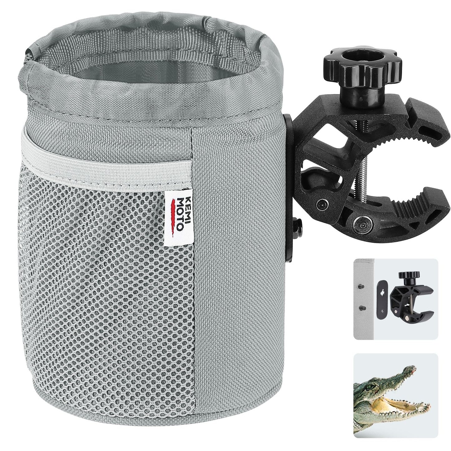 KEMIMOTO Motorcycle Cup Holder, Oxford Fabric Motorcycle Drink Holder with 0.6"-1.5" Alligator Clamp, Universal Water Bottle Cup Accessories for Bike, ATV/UTV, Scooter, Boat, Walker, Gray
