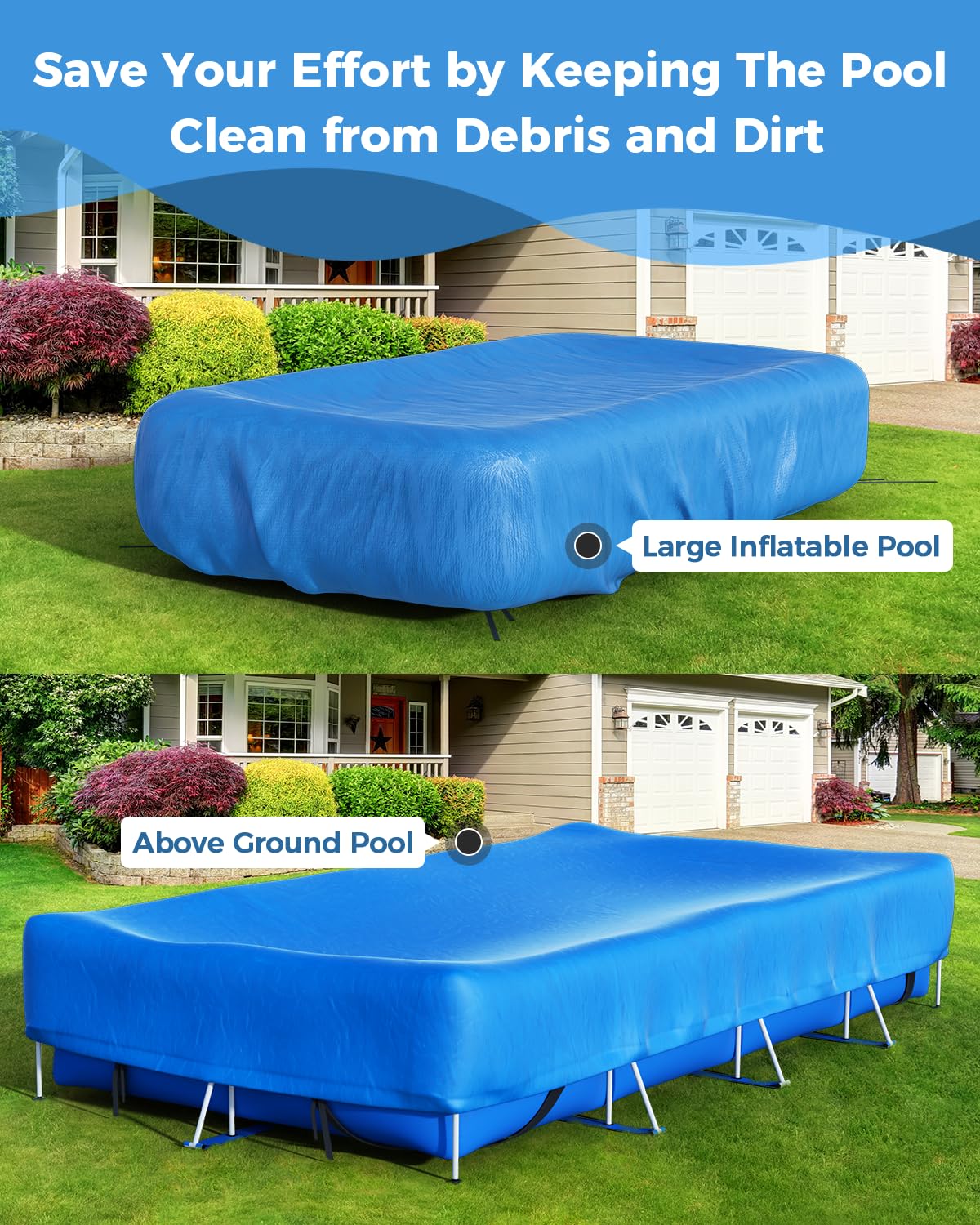 Reinmoson Rectangle Pool Covers for Above Ground Pools Fits 12’ x 7’ to 15’ x 8’ Pools, Rectangular Inflatable Pool Cover with Elastic Edge & Integrated Drawstring for Bestway/Intex/Coleman Pool